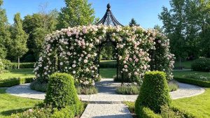 Black ornate metal garden gazebo covered with blooming pink climbing roses, sunny formal garden with stone walkway and green manicured shrubs, wide angle 16:9 outdoor photography